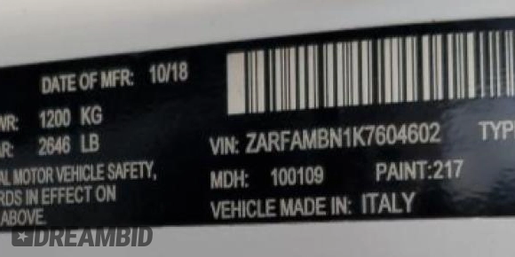 2019 Alfa Romeo Giulia Ti Sport with VIN ZARFAMBN1K7604602, listed as a Copart auction lot 65885482 with 65,701 mi miles. Bid and sale history available at carsss.com. Image 10.