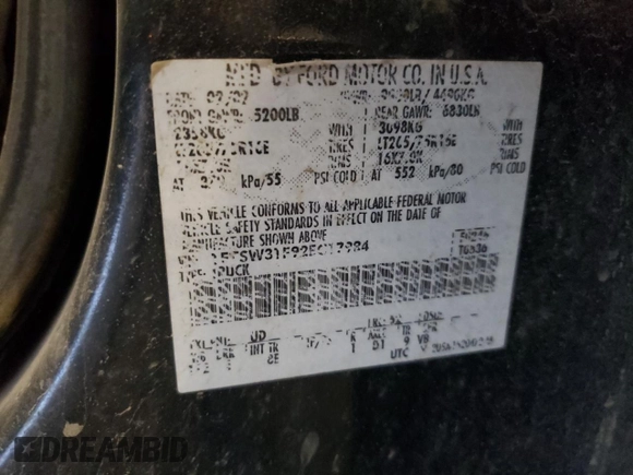 2002 Ford F-350 XL with VIN 1FTSW31F92EC17984, listed as a Copart auction lot 55821575 with 346,645 mi miles and Salvage title. Bid and sale history available at DreamBid. Image 12.