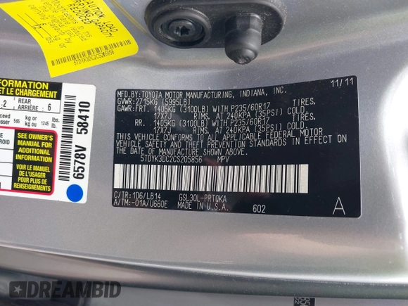 2012 Toyota Sienna XLE AAS with VIN 5TDYK3DC2CS205856, listed as a IAAI auction lot 42230009 with 136,588 mi miles and . Bid and sale history available at DreamBid. Image 9.