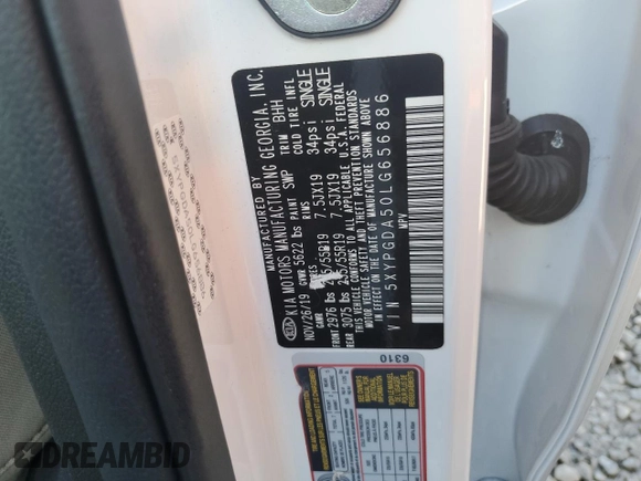 2020 Kia Sorento LX V6 with VIN 5XYPGDA50LG656886, listed as a Copart auction lot 46070915 with 50,971 mi miles and Salvage Title. Bid and sale history available at carsss.com. Image 12.
