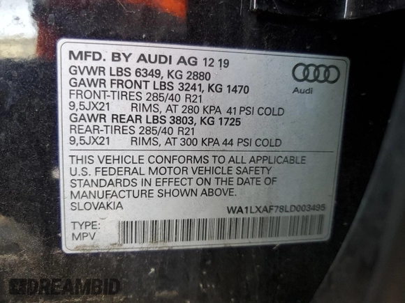 2020 Audi Q7 Premium Plus with VIN WA1LXAF78LD003495, listed as a Copart auction lot 86485284 with 43,802 mi miles and Salvage Title. Bid and sale history available at carsss.com. Image 15.
