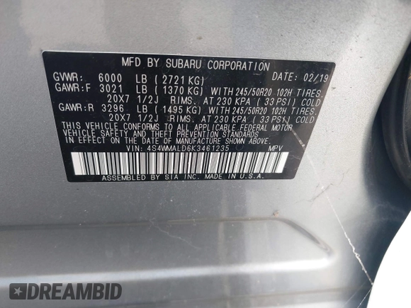 2019 Subaru Ascent Limited z VIN 4S4WMALD6K3461235, wystawiony jako IAAI lot #42710730 z przebiegiem 60 354 mil mil oraz . Historia ofert i sprzedaży dostępna na DreamBid. Obrazek 9.