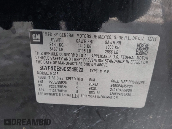 2012 Cadillac SRX Premium Collection with VIN 3GYFNCE39CS548523, listed as a IAAI auction lot 41854695 with 145,311 mi miles and . Bid and sale history available at DreamBid. Image 9.
