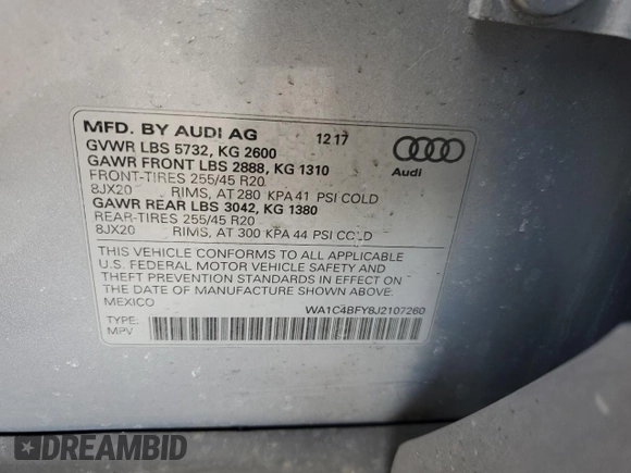 2018 Audi SQ5 with VIN WA1C4BFY8J2107260, listed as a Copart auction lot 52374385 with 53,556 mi miles and Salvage Title. Bid and sale history available at DreamBid. Image 14.