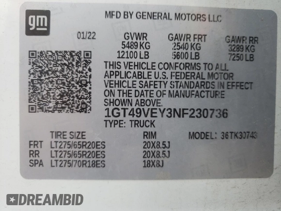 2022 GMC Sierra 3500HD AT4 z VIN 1GT49VEY3NF230736, wystawiony jako Copart lot #65454534 z przebiegiem Nie podano mil oraz Nie do naprawy • Non repairable. Historia ofert i sprzedaży dostępna na DreamBid. Obrazek 12.
