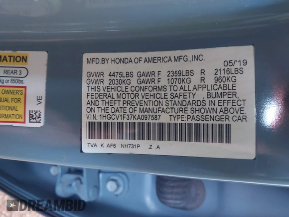 2019 Honda Accord Sport with VIN 1HGCV1F37KA097587, listed as a IAAI auction lot 41662316 with 82,188 mi miles and . Bid and sale history available at carsss.com. Image 9.