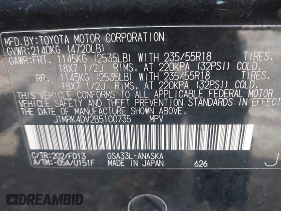 2011 Toyota RAV4 Sport with VIN JTMRK4DV2B5100735, listed as a IAAI auction lot 41954993 with 330,332 mi miles. Bid and sale history available at carsss.com. Image 9.