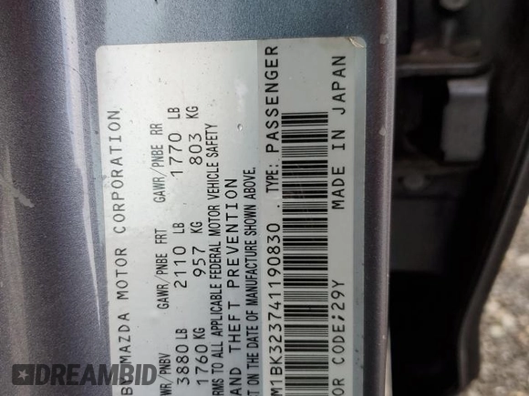 2004 Mazda 3 s with VIN JM1BK323741190830, listed as a Copart auction lot 44629535 with 166,312 mi miles and Salvage Title. Bid and sale history available at DreamBid. Image 12.