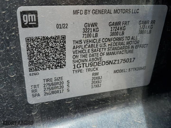 2022 GMC Sierra 1500 SLT with VIN 1GTU9DED5NZ175017, listed as a Copart auction lot 54352495 with 41,068 mi miles and Salvage Title. Bid and sale history available at carsss.com. Image 12.