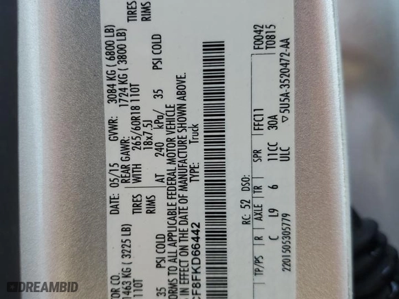 2015 Ford F-150 XL with VIN 1FTEW1CF8FKD66442, listed as a Copart auction lot 47068235 with 136,177 mi miles and Salvage Title. Bid and sale history available at carsss.com. Image 12.