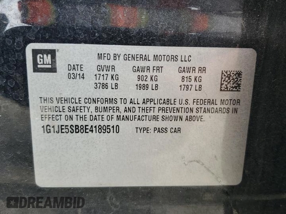 2014 Chevrolet Sonic LTZ with VIN 1G1JE5SB8E4189510, listed as a Copart auction lot 52804655 with 78,173 mi miles and Clean Title. Bid and sale history available at carsss.com. Image 12.