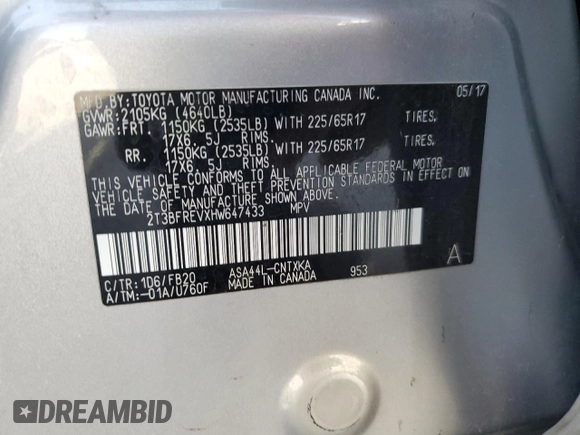 2017 Toyota RAV4 LE with VIN 2T3BFREVXHW647433, listed as a Copart auction lot 62485485 with 72,931 mi miles and Salvage title. Bid and sale history available at DreamBid. Image 13.