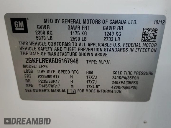 2013 GMC Terrain SLE with VIN 2GKFLREK6D6167948, listed as a Copart auction lot 56357775 with 93,218 mi miles and Salvage title. Bid and sale history available at DreamBid. Image 12.