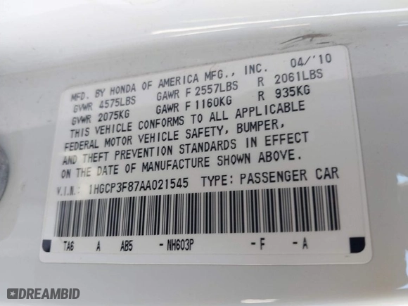 2010 Honda Accord Sdn EX-L with VIN 1HGCP3F87AA021545, listed as a IAAI auction lot 41452486 with 140,615 mi miles. Bid and sale history available at carsss.com. Image 9.