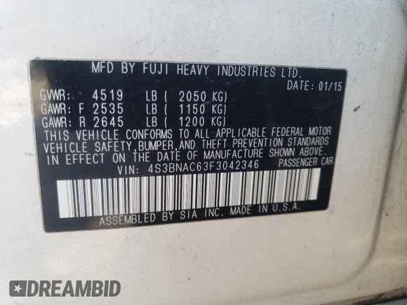 2015 Subaru Legacy 2.5i Premium with VIN 4S3BNAC63F3042346, listed as a Copart auction lot 69463982 with 119,756 mi miles. Bid and sale history available at carsss.com. Image 12.