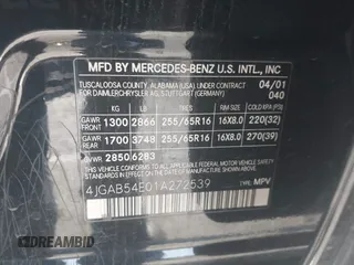 2001 Mercedes-Benz M-Class with VIN 4JGAB54E01A272539, listed as a IAAI auction lot 42124321 with 272,098 mi miles. Bid and sale history available at carsss.com. Image 9.