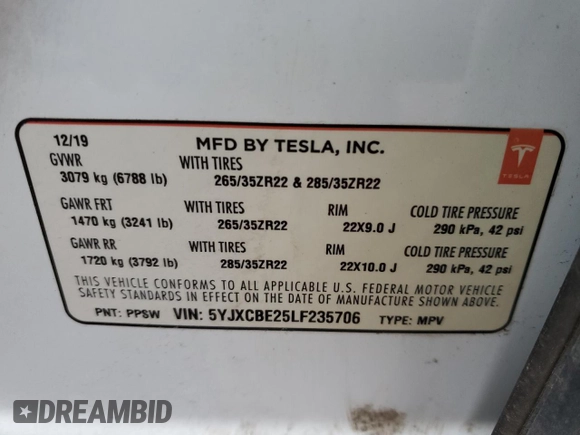 2020 Tesla Model X Long Range with VIN 5YJXCBE25LF235706, listed as a Copart auction lot 51224765 with 82,741 mi miles and Salvage Title. Bid and sale history available at carsss.com. Image 16.