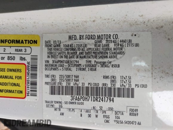 2013 Ford Fusion SE with VIN 3FA6P0H71DR241794, listed as a IAAI auction lot 42469017 with 154,627 mi miles and . Bid and sale history available at DreamBid. Image 9.