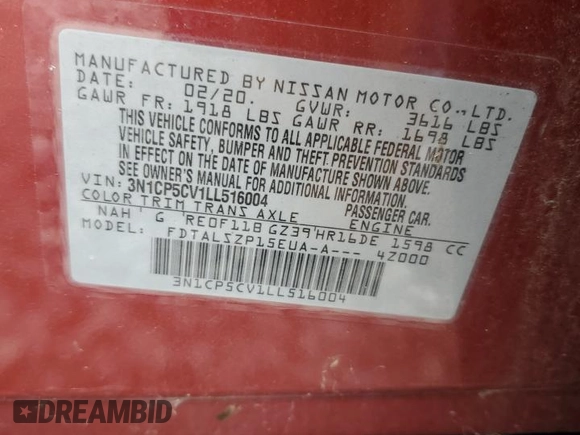 2020 Nissan Kicks SV z VIN 3N1CP5CV1LL516004, wystawiony jako Copart lot #58228565 z przebiegiem 98 122 mil mil oraz Czysty tytuł • Clean title. Historia ofert i sprzedaży dostępna na DreamBid. Obrazek 13.