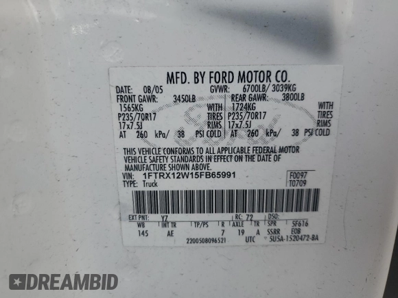 2005 Ford F-150 STX with VIN 1FTRX12W15FB65991, listed as a Copart auction lot 54858525 with 281,477 mi miles and Salvage Title. Bid and sale history available at carsss.com. Image 12.