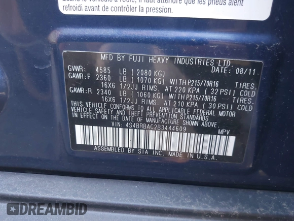 2011 Subaru Outback 2.5i z VIN 4S4BRBAC2B3444609, wystawiony jako IAAI lot #41913671 z przebiegiem 54 185 mil mil oraz . Historia ofert i sprzedaży dostępna na DreamBid. Obrazek 9.