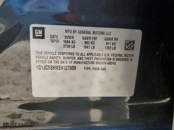 2014 Chevrolet Sonic LT with VIN 1G1JC5SHXE4127939, listed as a Copart auction lot 52174335 with 118,684 mi miles and Salvage Title. Bid and sale history available at carsss.com. Image 12.