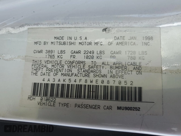 1998 Mitsubishi Eclipse GS-T with VIN 4A3AK54F8WE087052, listed as a Copart auction lot 77439464 with 119,881 mi miles and Salvage Title. Bid and sale history available at carsss.com. Image 12.
