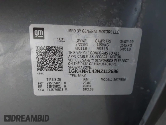 2022 GMC Acadia SLE z VIN 1GKKNRL43NZ113686, wystawiony jako IAAI lot #41397947 z przebiegiem Nie podano mil oraz . Historia ofert i sprzedaży dostępna na DreamBid. Obrazek 9.