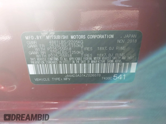 2019 Mitsubishi Outlander SE with VIN JA4AD3A31KZ026070, listed as a IAAI auction lot 42805927 with 128,569 mi miles and . Bid and sale history available at DreamBid. Image 9.