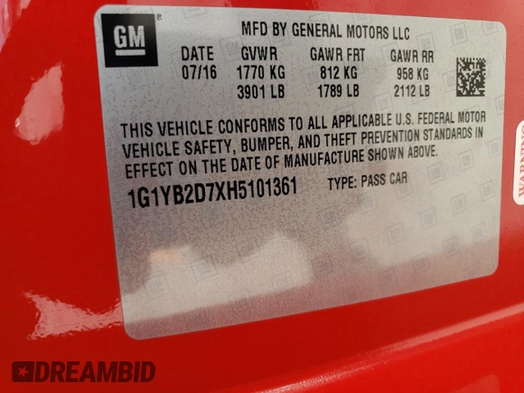 2017 Chevrolet Corvette 1LT with VIN 1G1YB2D7XH5101361, listed as a Copart auction lot 72974154 with 0 mi miles and Salvage Title. Bid and sale history available at carsss.com. Image 15.