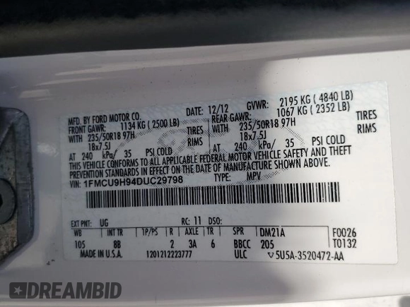 2013 Ford Escape SEL z VIN 1FMCU9H94DUC29798, wystawiony jako Copart lot #65034245 z przebiegiem Nie podano mil oraz Czysty tytuł • Clean title. Historia ofert i sprzedaży dostępna na DreamBid. Obrazek 14.