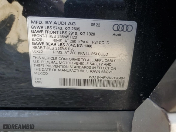 2022 Audi SQ5 Premium Plus with VIN WA1B4AFY2N2126494, listed as a Copart auction lot 43123265 with 14,397 mi miles and Non Repairable. Bid and sale history available at carsss.com. Image 13.