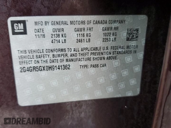 2017 Buick Regal Premium II with VIN 2G4GR5GX0H9141362, listed as a Copart auction lot 85483904 with 127,797 mi miles and Clean Title. Bid and sale history available at carsss.com. Image 14.
