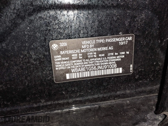 2018 BMW 3 Series 320i with VIN WBA8E1G56JNU91008, listed as a IAAI auction lot 41247490 with 57,434 mi miles. Bid and sale history available at carsss.com. Image 9.