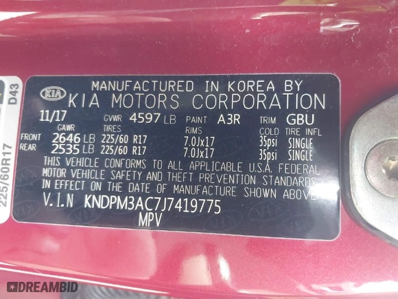 2018 Kia Sportage LX with VIN KNDPM3AC7J7419775, listed as a IAAI auction lot 41669875 with 63,420 mi miles. Bid and sale history available at carsss.com. Image 9.