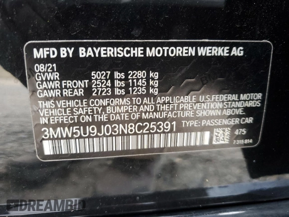 2022 BMW 3 Series M340i xDrive with VIN 3MW5U9J03N8C25391, listed as a Copart auction lot 41496935 with 41,912 mi miles and Salvage Title. Bid and sale history available at carsss.com. Image 13.