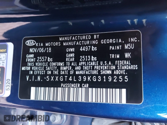 2019 Kia Optima LX with VIN 5XXGT4L39KG319255, listed as a IAAI auction lot 41978345 with 46,229 mi miles and . Bid and sale history available at carsss.com. Image 9.