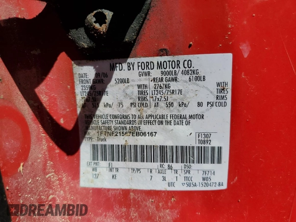 2007 Ford F-250 XL with VIN 1FTNF21567EB06167, listed as a Copart auction lot 68421444 with 51,153 mi miles and Salvage Title. Bid and sale history available at DreamBid. Image 14.