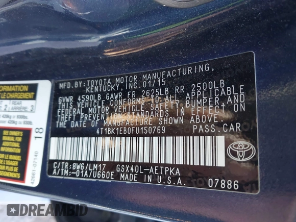 2015 Toyota Avalon Limited with VIN 4T1BK1EB0FU150769, listed as a IAAI auction lot 41297083 with 111,440 mi miles and . Bid and sale history available at DreamBid. Image 9.