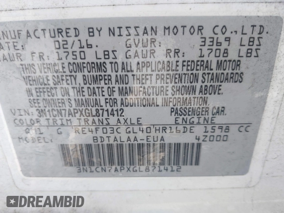 2016 Nissan Versa S Plus with VIN 3N1CN7APXGL871412, listed as a IAAI auction lot 41275851 with 85,302 mi miles. Bid and sale history available at carsss.com. Image 9.