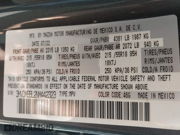 2022 Mazda CX-30 S Select with VIN 3MVDMBBL2NM442323, listed as a IAAI auction lot 41765707 with 40,848 mi miles and . Bid and sale history available at DreamBid. Image 9.
