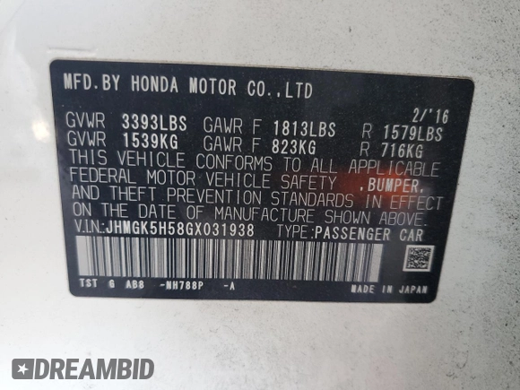 2016 Honda Fit LX with VIN JHMGK5H58GX031938, listed as a Copart auction lot 63101705 with 102,138 mi miles and Salvage title. Bid and sale history available at DreamBid. Image 12.