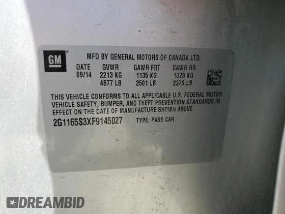 2015 Chevrolet Impala LTZ with VIN 2G1165S3XF9145027, listed as a Copart auction lot 89332075 with 94,260 mi miles and Salvage Title. Bid and sale history available at DreamBid. Image 12.