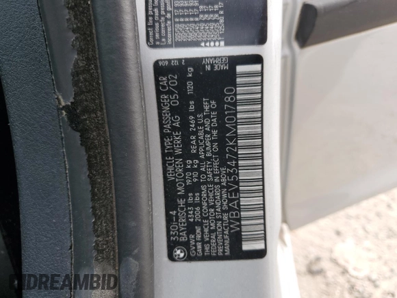 2002 BMW 3 Series 330i with VIN WBAEV53472KM01780, listed as a Copart auction lot 80667794 with 0 mi miles and Salvage Title. Bid and sale history available at carsss.com. Image 12.