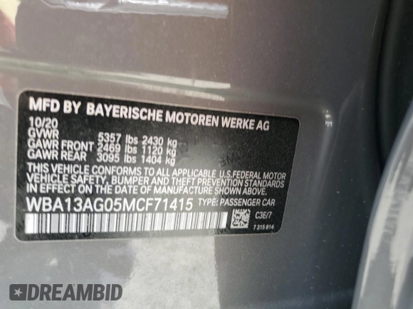 2021 BMW 5 Series 530e with VIN WBA13AG05MCF71415, listed as a Copart auction lot 58554935 with 9,994 mi miles and Clean title. Bid and sale history available at DreamBid. Image 12.