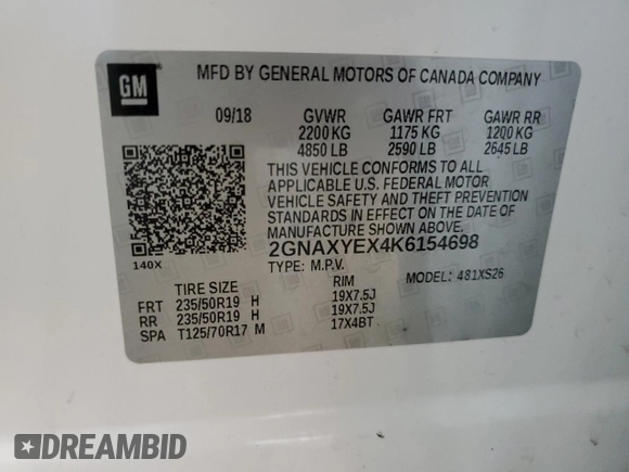 2019 Chevrolet Equinox Premier with VIN 2GNAXYEX4K6154698, listed as a Copart auction lot 48038335 with 113,286 mi miles and Salvage Title. Bid and sale history available at carsss.com. Image 14.