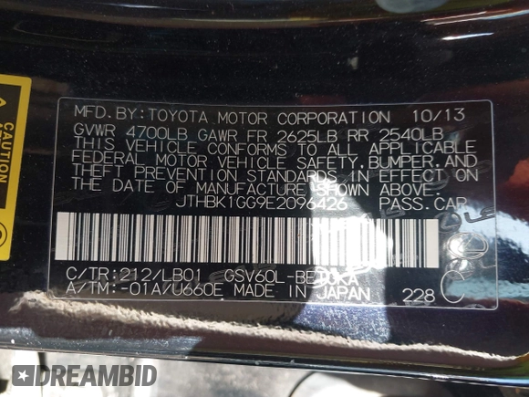 2014 Lexus ES 350 with VIN JTHBK1GG9E2096426, listed as a IAAI auction lot 42008954 with 170,915 mi miles. Bid and sale history available at carsss.com. Image 9.