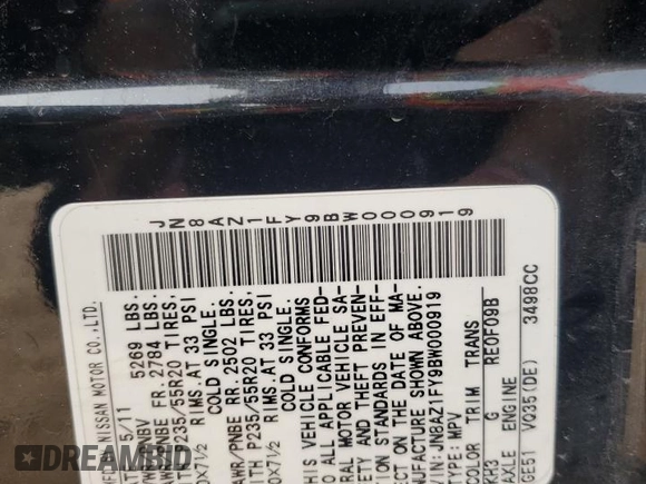 2011 Nissan Murano z VIN JN8AZ1FY9BW000919, wystawiony jako Copart lot #65661724 z przebiegiem 74 326 mil mil oraz Szkoda całkowita • Salvage title. Historia ofert i sprzedaży dostępna na DreamBid. Obrazek 14.