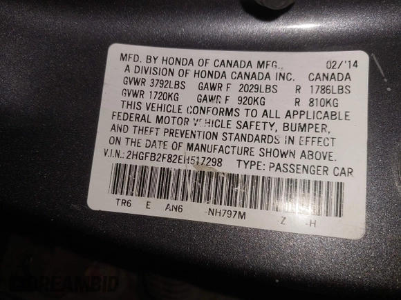 2014 Honda Civic Sedan EX with VIN 2HGFB2F82EH517298, listed as a IAAI auction lot 41971174 with 131,451 mi miles. Bid and sale history available at carsss.com. Image 9.