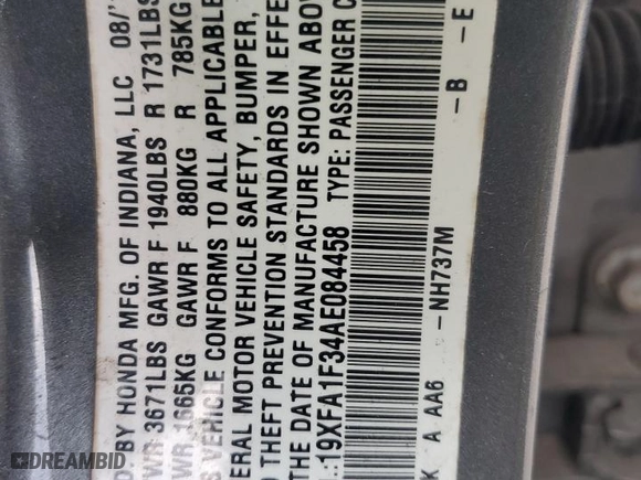 2010 Honda Civic Sdn DX-VP with VIN 19XFA1F34AE084458, listed as a Copart auction lot 48209195 with 169,921 mi miles and Salvage Title. Bid and sale history available at carsss.com. Image 15.